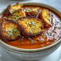 Roasted Red Pepper Soup With Crispy Croutons served steaming hot in a rustic bowl.