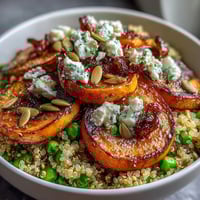 Warm quinoa bowl with roasted carrots and green peas, topped with fresh parsley and feta. A colorful, wholesome vegetarian meal perfect for lunch or dinner.