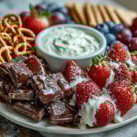 Festive Galentines snack board with leftover strawberries, creamy yogurt dip, and a colorful mix of fruits and treats.  