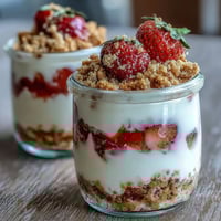 Strawberry cheesecake overnight oats with graham crumble in a glass jar, topped with fresh strawberries and golden graham cracker crumbs.