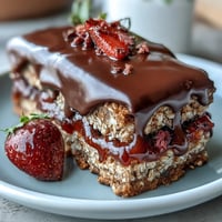 Decadent chocolate-dipped strawberry oat bars with a chewy base and sweet jam filling, perfect for a wholesome dessert.