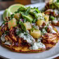 Crispy tostadas layered with juicy shredded chicken, vibrant pineapple salsa, and creamy lime crema for a zesty meal.
