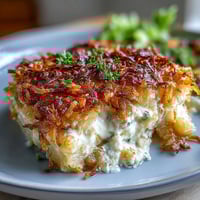 Creamy funeral potatoes casserole with cheesy hashbrown topping, golden and bubbling from the oven, perfect for comforting family gatherings.