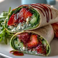 Fresh strawberry spinach wraps with creamy goat cheese and balsamic glaze, served on a rustic wooden board.