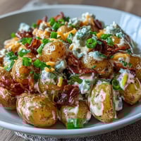 1. BBQ Baby Shower Loaded Baked Potato Salad with crispy bacon, melted cheddar, and fresh herbs in a creamy BBQ dressing.  