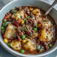 A steaming bowl of Shepherds Pie Soup with ground beef and hearty vegetables, perfect for a cozy dinner.