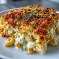 Soul food baked mac and cheese with crunchy top, featuring creamy, melted cheeses and golden panko crust. Comfort food classic, perfect for family gatherings or holidays.