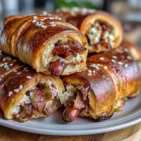 Mini baseball hot dogs in crescent roll dough, golden and flaky, perfect for game day appetizers.  