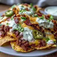 Crispy tortilla chips piled high with seasoned beef, creamy cheese sauce, and tangy jalapeños for the ultimate game day snack.