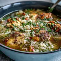 A steaming bowl of Easy Chicken and Rice Soup, brimming with tender chicken, hearty rice, and colorful vegetables in a savory broth.