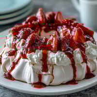 Beautiful strawberry pavlova with whipped cream and fresh strawberries, a crisp meringue base topped with light cream and juicy berries.