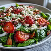 Fresh strawberry spinach salad with poppyseed dressing in a white bowl, garnished with toasted almonds and crumbled feta cheese.