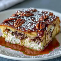 A golden-baked pancake casserole topped with maple syrup and chopped nuts, perfect for a cozy breakfast.