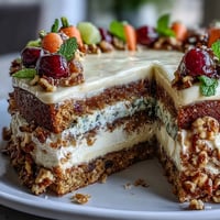 Festive Easter dessert table featuring carrot cake, pavlova, and lemon tart with fresh fruit toppings.