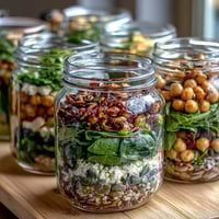 Mason jar salads packed with fresh spinach, quinoa, and vibrant vegetables for healthy meal prep.  
