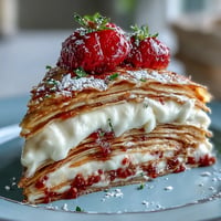 Beautiful Mother's Day crepe cake with layers of delicate crepes and strawberry mascarpone cream, garnished with fresh berries and mint.