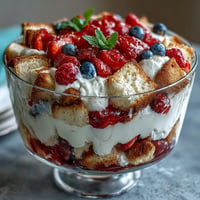 Red White Blue Berry Trifle: a festive dessert with juicy berries and airy angel food cake layers.